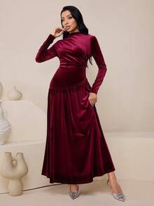 Veilorie Women's Solid Color Pleated Collar Long Sleeve Dress