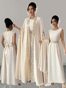 Rafferiza Women's Splice Ribbon Batwing Sleeve Jacket & Dress Elegant 2 Pieces Set - Apricot - View 8