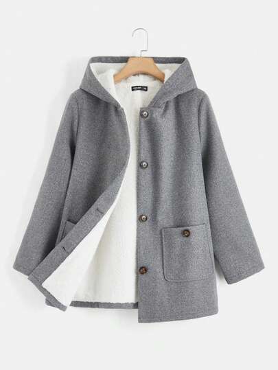 SHEIN EZwear Dual Pocket Button Front Hooded Coat In Fall/Winter
