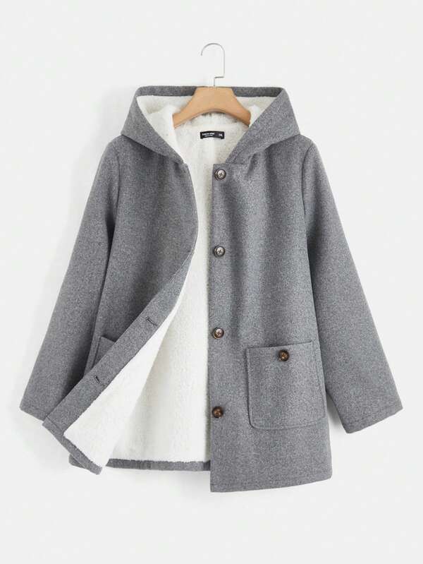 SHEIN EZwear Dual Pocket Button Front Hooded Coat In Fall/Winter