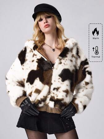 J-Fashion Chaqueta con capucha de piel sintética con empalmes de color contrastante y parches de estilo retro Y2K para mujer