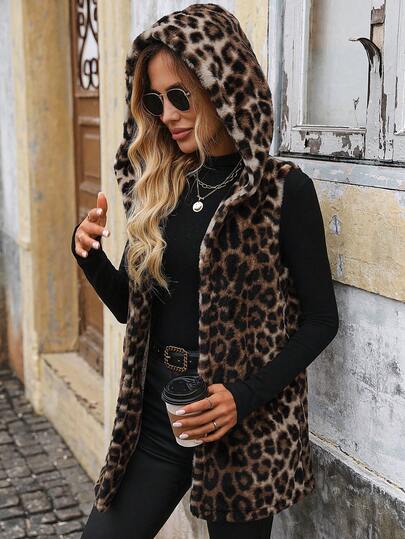 SHEIN Clasi Women's Front Open Hooded Leopard Print Faux Fur Vest