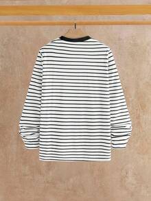 Manfinity NXTstreet 男士条纹休闲圆领长袖T恤 - 黑與白 - 查看 2