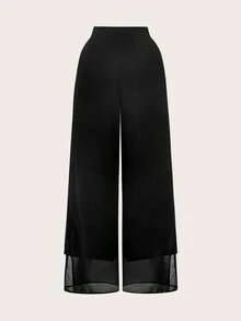 SHEIN Privé Women's Wide Leg Chiffon Side Slit Pants - Black - View 2
