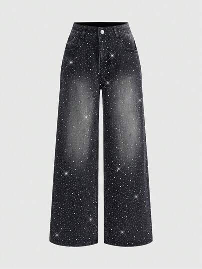 Grunge Punk Jeans larges décontractés à la mode de rue pour femmes avec strass dégradé