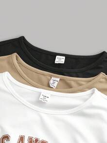SHEIN Girlism 3件套少女休闲校服字母印花褶皱侧边圆领长袖短款针织T恤上衣，返校季必备 - 卡其色 - 查看 9