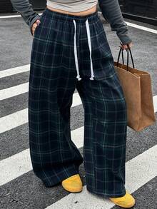 Dazy Plus 松紧腰抽绳宽松格子休闲裤，四季皆宜 - 綠色 - 查看 9