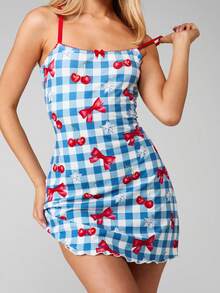 MISSGUIDED Váy ngủ vải gingham họa tiết anh đào Giáng sinh có nơ đỏ và dây đeo có thể điều chỉnh cho đồ ngủ ngày lễ - Nhiều màu - Xem 3