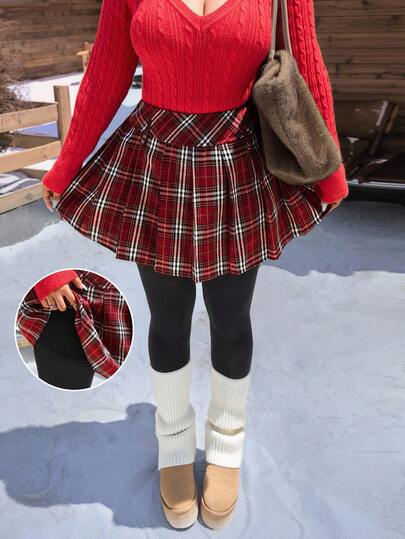 SHEIN EZwear Christmas Red Plaid Mini Skirt, Casual Plus Size Holiday Party/Winter