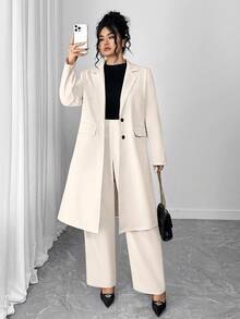 SHEIN PETITE CURVE Elegant Casual Blazer Windbreaker Jacket, High-End Suit Outfit For Commuting And Outings, Long Coat Set, Spring/Autumn