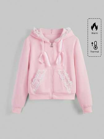 Sweetness Damen Farbblocksweatshirt mit Spitzeneinsatz an Kapuze und Langarm, Schule