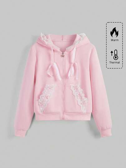 Sweetness Sudadera con capucha de manga larga con bloques de color y ribete de encaje para mujer, para la escuela