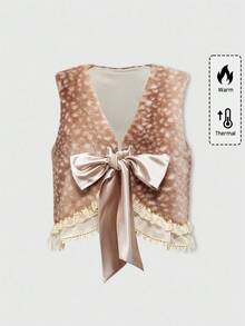 ROMWE Kawaii Vintage Animal Print Furry Hooded Detachable Fur Collar Regular Jacket For Women - Brown - View 1