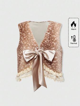 Kawaii Vintage Animal Print Furry Hooded Detachable Fur Collar Regular Jacket For Women