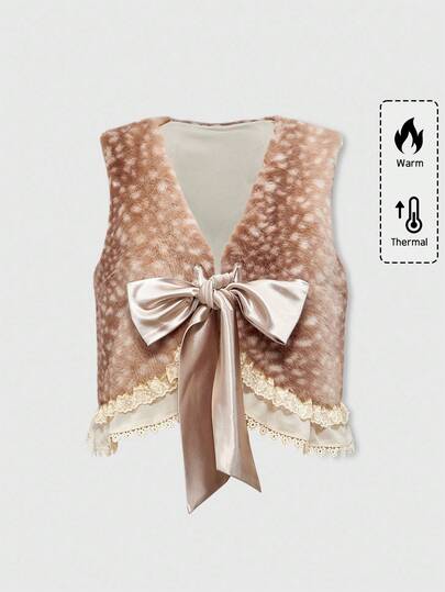 Kawaii Vintage Animal Print Furry Hooded Detachable Fur Collar Regular Jacket For Women