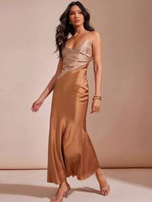L'Amorae 女士吊带垂褶领缎面撞色长裙，优雅休闲，适合夜晚外出或婚礼宾客穿着 - 彩色 - 查看 1