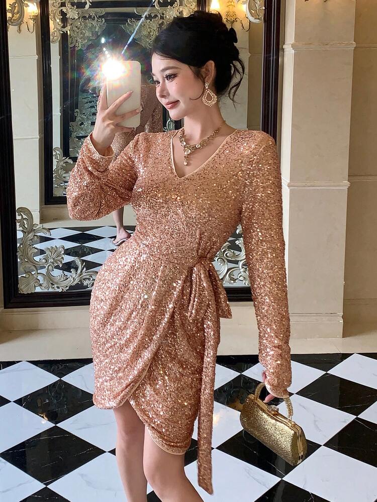 Elegant Sequin Tie V-Neck Women's Short Dress, Autumn New Year Christmas Carnival Sparkly Dress