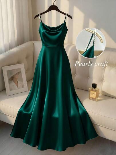 SHEIN Franclia Elegancka, satynowa, połyskująca sukienka damska z perłami, o kroju litery A, idealna na dojazdy do pracy, imprezy i wydarzenia