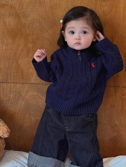 DAZY Toddler Girls' Solid Color Casual Cartoon Embroidered Sweater, Autumn/Winter