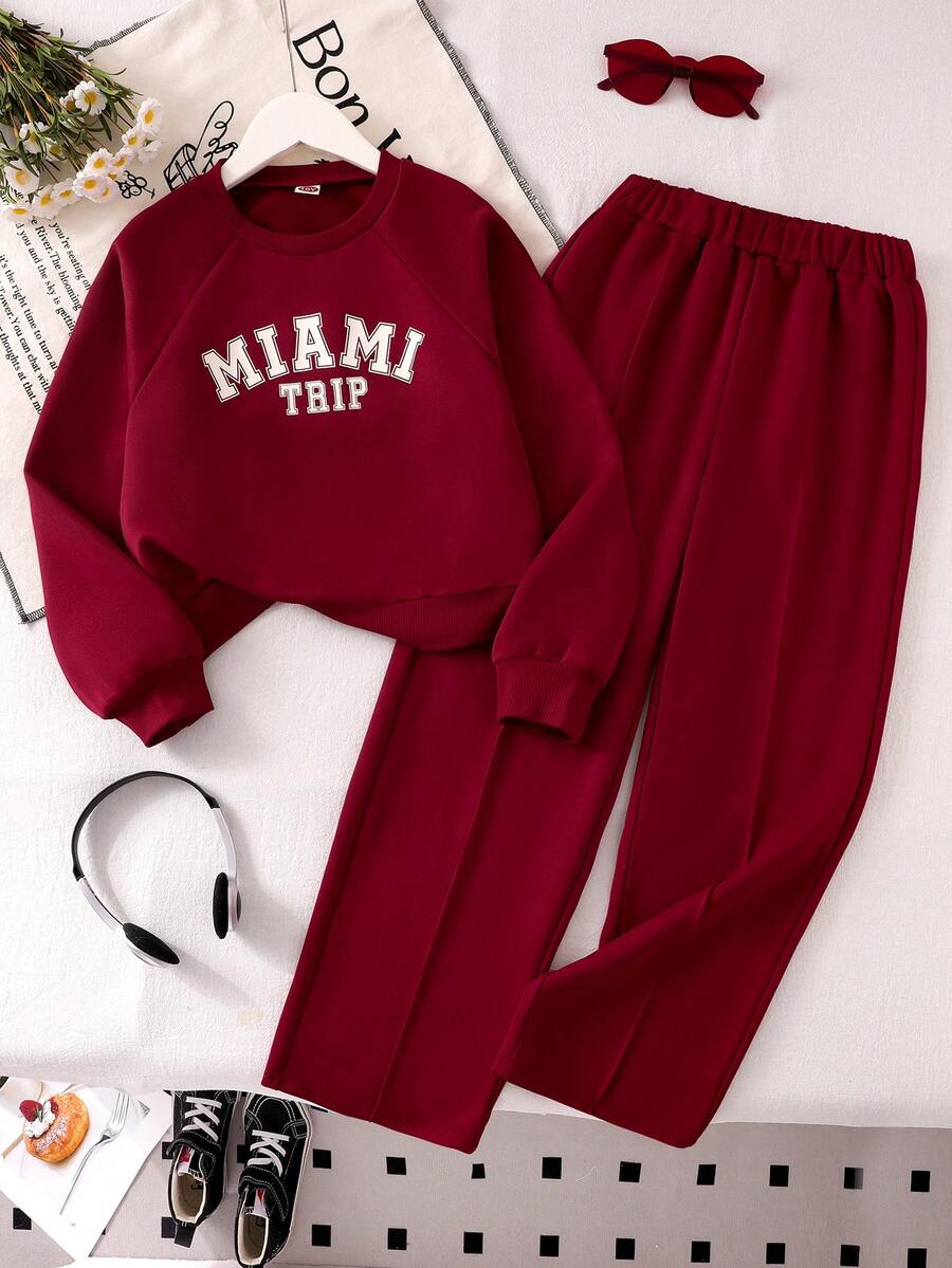 Genkimix Kids Young Girls Fashion Burgundy Round Neck Long Sleeve Top & Wide Leg Letter Print 2-Piece Set, Autumn/Winter - Burgundy - View 1