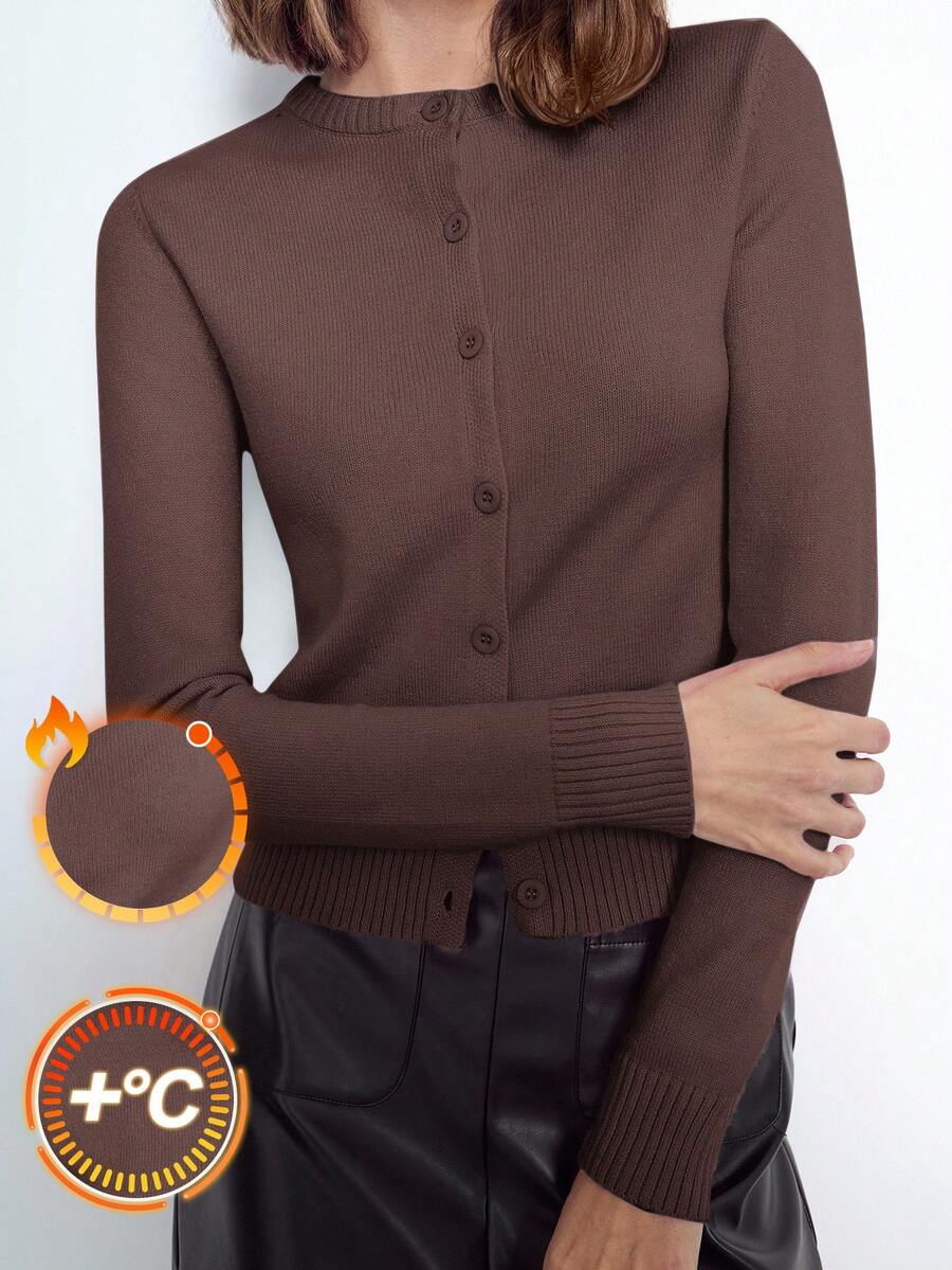 Maija 女士纯色修身针织开衫，适合城市通勤、商务休闲、办公室穿着，适合派对和聚会，秋冬季优雅穿着 - 棕色 - 查看 1