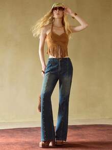 MOTF STUDIO STUDDED DETAIL WASHED FLARE LEG JEANS , FALL WINTER - Blue - View 6