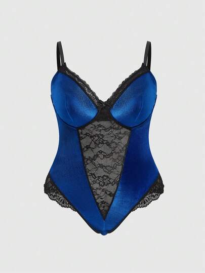 Große Größen Gothic Samt Unterbügel Wimpernspitzen Bodystocking Dessous