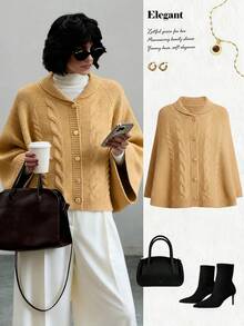 SHEIN Stylify Élégant poncho tricoté avec boucle métallique en corde torsadée kaki, convient pour les déplacements en automne/hiver - Kaki - Voir 1