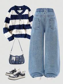 SHEIN ChillGRL Quần jean denim ống đứng, dáng suông, dáng suông, cạp chun cơ bản, thiết kế cạp chun, màu xanh nhạt, quần rách, phù hợp với mọi mùa, chất liệu vải thoải mái - Rửa nhẹ - Xem 2