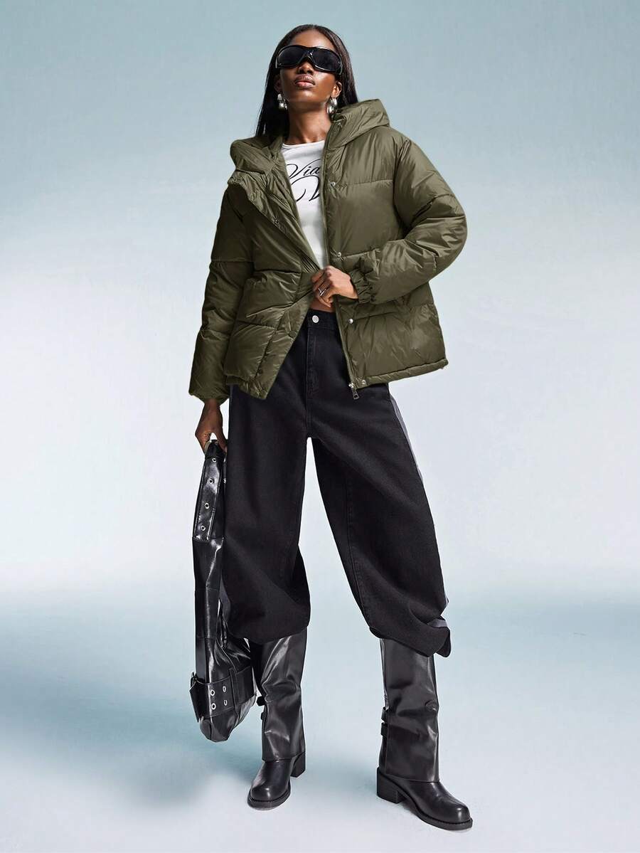 女士纯色前拉链连帽休闲加厚棉服,冬装 - 軍綠色 - 查看 1