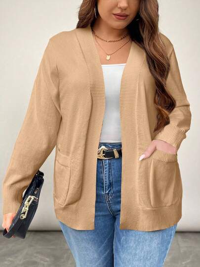 SHEIN LUNE Plus Size Women Casual Everyday Commute Simple Solid Color Drop Shoulder Loose Patchwork Pocket Cardigan, Autumn/Winter