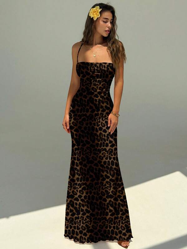 Aloruh Women's Elegant Sexy Leopard Print Backless Halter Maxi Party Dress, Suitable For Autumn/Winter, Christmas Party, Cocktail, Clubwear