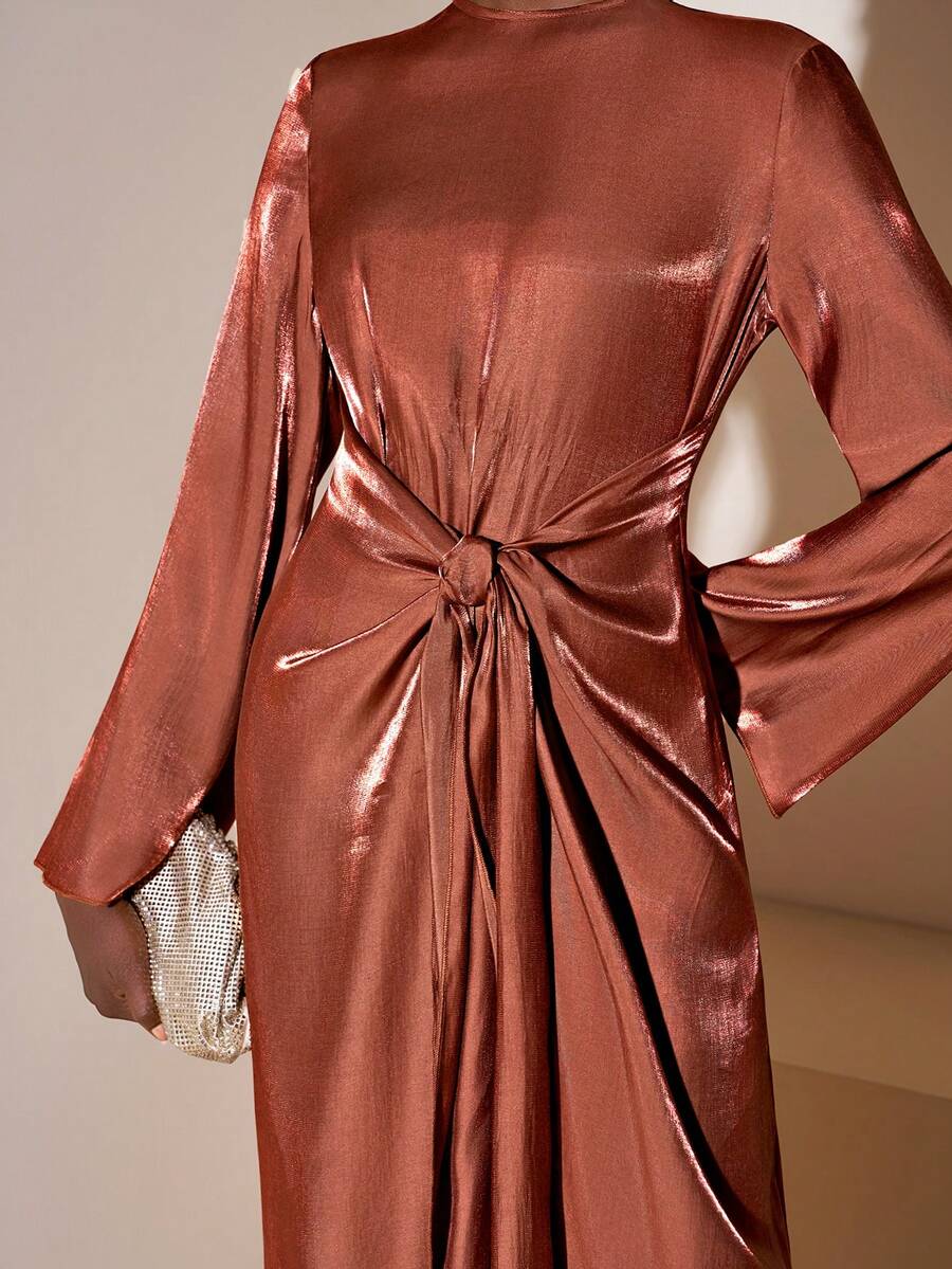 Zivah 2025 Autumn/Winter New Year, Valentine's Day, Party, Banquet, Date, Birthday Party, College Style, Student Wear, Daily Outing, Basic Versatile, Casual, Cruise Travel, Viral Hit, Elegant, Commute, Business Casual, Minimalist, Round Neck Long Sleeve, Front Middle Tie-Up Strap, Loose Straight Hem Irregular, Shiny Brown Fabric, Elegant Long Dress, Party Dress, Women Dress - Brown - View 1