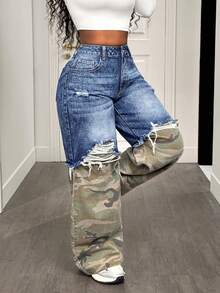 BamGleam Quần jean ống rộng túi rách họa tiết ngụy trang chắp vá dành cho nữ - Rửa tối - Xem 1