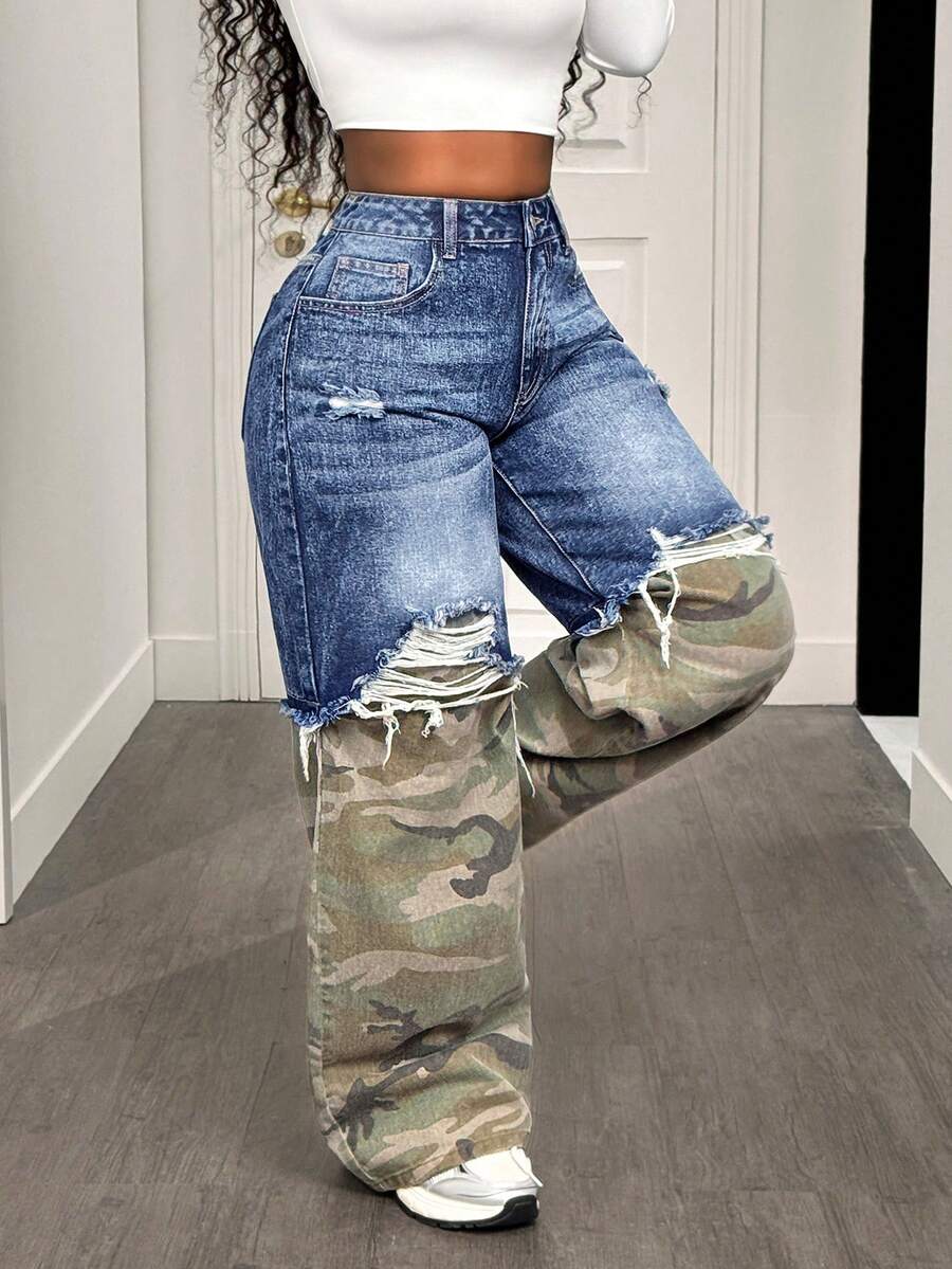 BamGleam Quần jean ống rộng túi rách họa tiết ngụy trang chắp vá dành cho nữ - Rửa tối - Xem 1