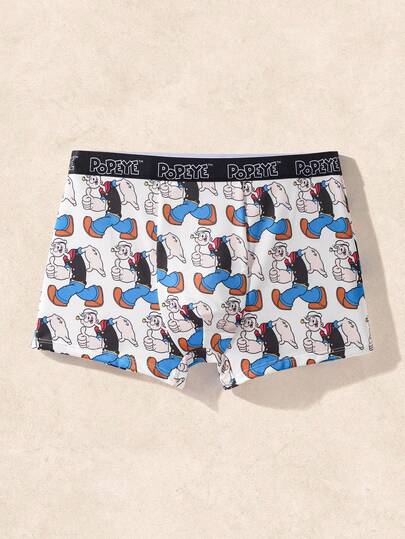 Popeye X SHEIN 1pc Men's Comfortable Soft Breathable Cartoon Pattern Letter Waistband Boxer Briefs, Graphic Boxers Cartoon Boxers Funny Boxers For Men Cute Boxers