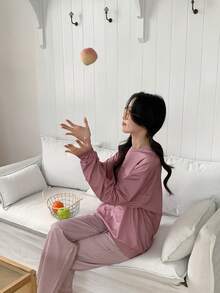 2件套优雅可爱小熊印花休闲舒适长袖上衣和裤子睡衣套装，适合少女穿着 - 棕色 - 查看 6