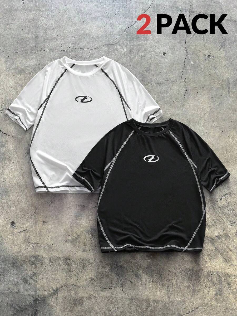 AXEPEAK 男士休闲撞色缝线短袖T恤，夏季 - 黑與白 - 查看 1