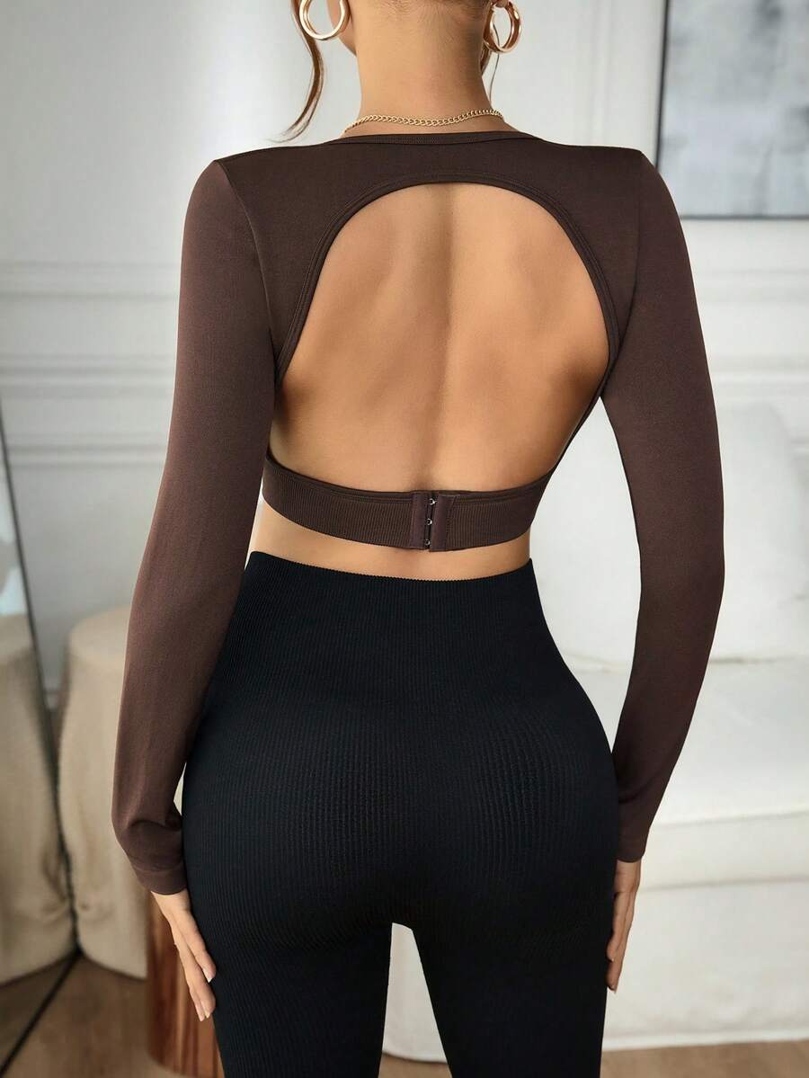 SHEIN Sports 纯色露背修身短款长袖运动T恤 - 棕色 - 查看 1
