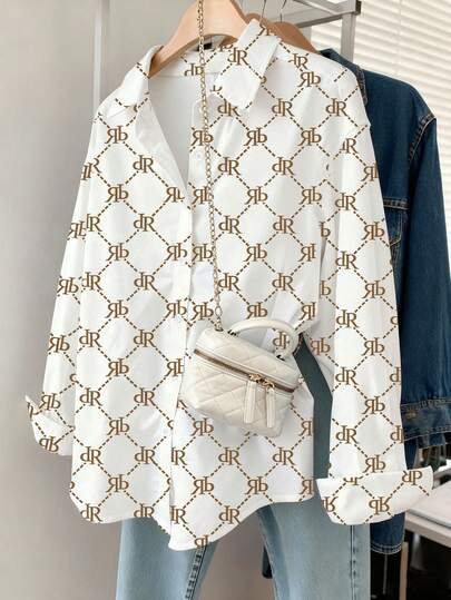 Resyla Women's Letter Print Drop Shoulder Long Sleeve Single-Breasted Casual Shirt