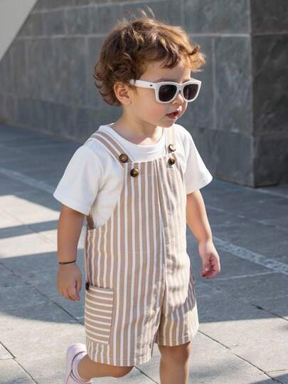 SHEIN Newborn Baby Boy Cute Summer Casual Versatile Striped Romper Overalls