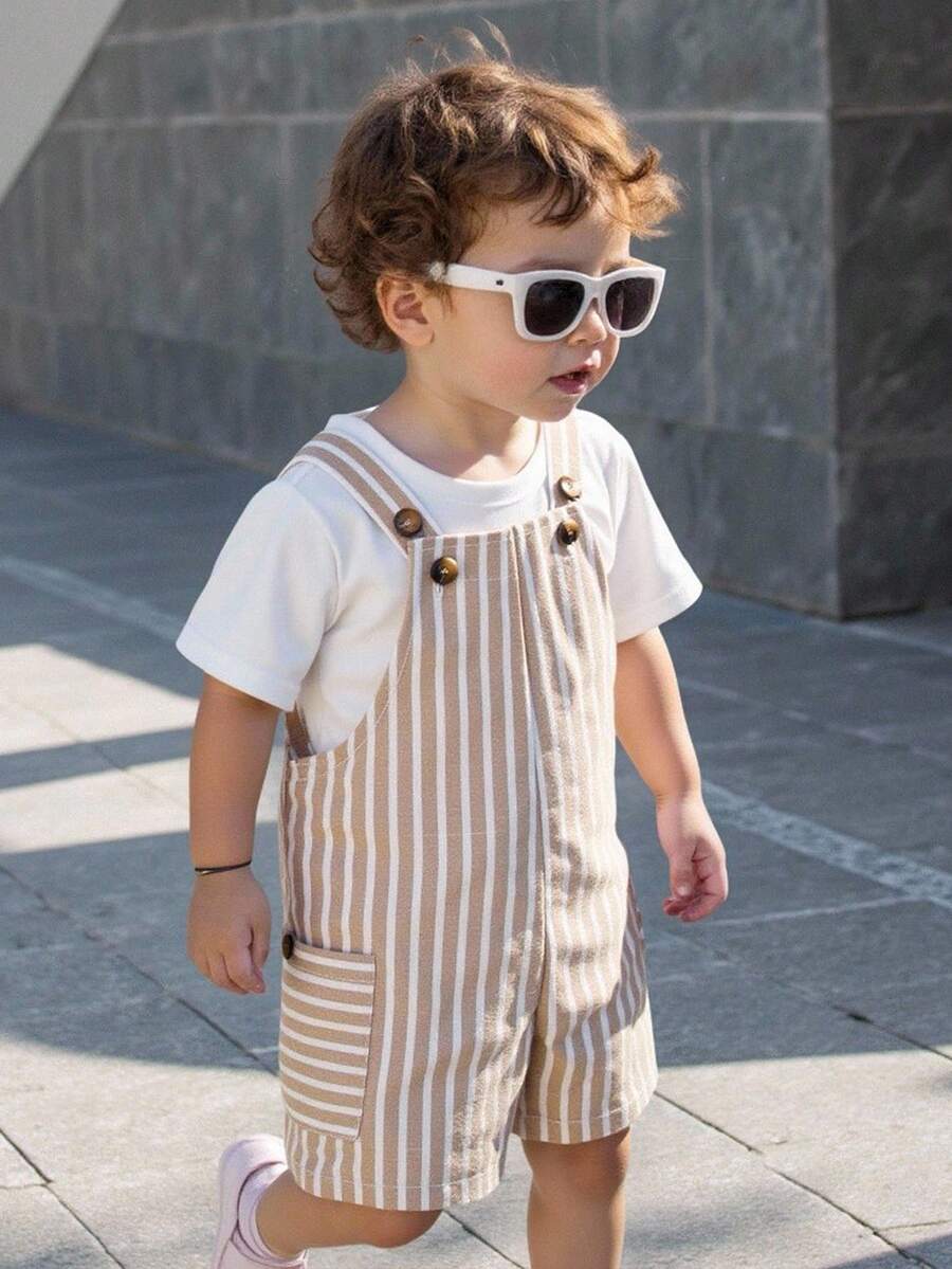 SHEIN Newborn Baby Boy Cute Summer Casual Versatile Striped Romper Overalls
