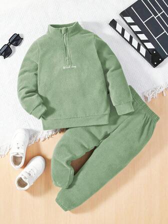 SHEIN 2 st/set pojke, bokstavstryck, sherpahuva med dragkedja och byxor, avslappnad outfit