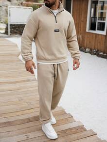 Manfinity CasualCool Men's Drop Shoulder Long Sleeve Casual Half-Zip Loose Pullover Sweatshirt Set Casual Two Piece Set Men Mens Sweat Suit Set Jogger Sets For Men Men Co Ord Men 2 Piece Sweatsuit