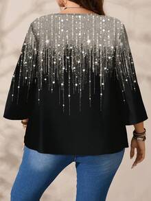 EMERY ROSE Plus Size Women's Casual Romantic Full-Print Christmas Atmosphere Silver Glitter Pattern Round Neck Loose 3/4 Sleeve Blouse, Black Shirt, Date Wear/Winter