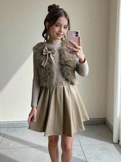 3件套：棕色毛茸茸蝴蝶结背心、同款吊带背心和PU褶裙