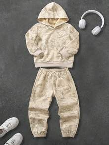 Tween Boy Plant Print Long Sleeve Hoodie And Sweatpants Casual Outfit - Apricot - View 1