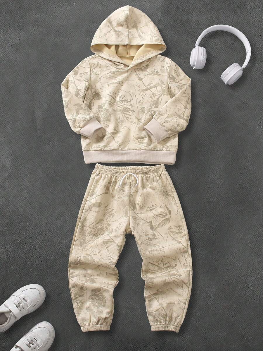 Tween Boy Plant Print Long Sleeve Hoodie And Sweatpants Casual Outfit - Apricot - View 1