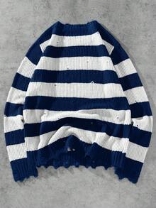 Manfinity Roghcode Jersey casual de cuello redondo de manga larga con rayas de color contrastante para hombre - Azul y blanco - Ver 2