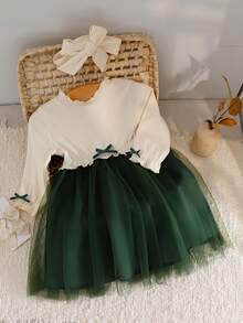 SHEIN Baby Girls' Ribbed Crew Neck Puff Sleeve Dress With Bow Waist, Ruffle Hem, Autumn/Halloween Holiday Occasion - Dark Green - View 1
